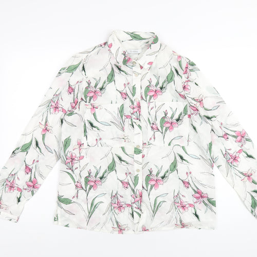 Classic Womens White Floral Cotton Basic Button-Up Size 12 Collared