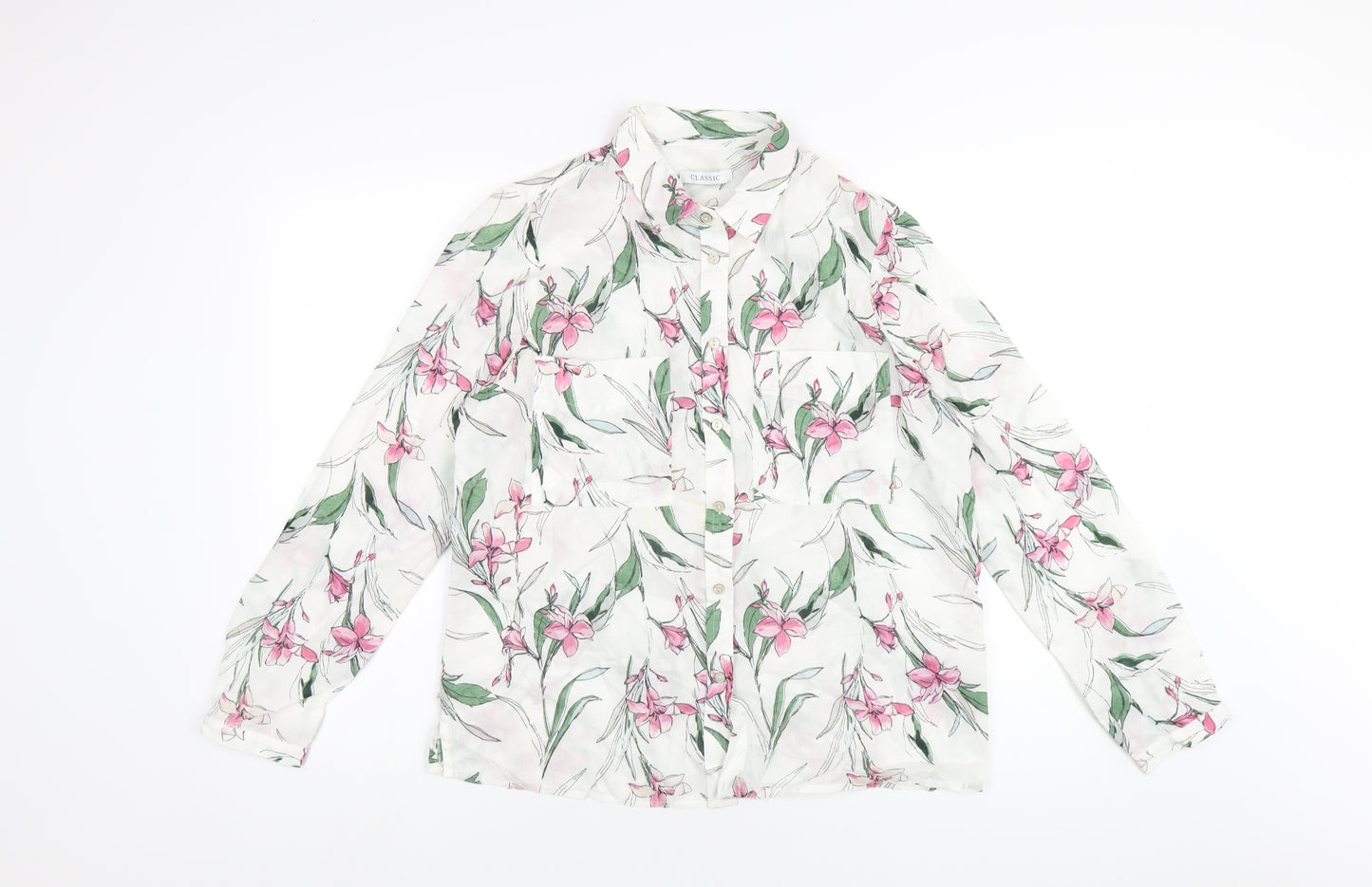 Classic Womens White Floral Cotton Basic Button-Up Size 12 Collared