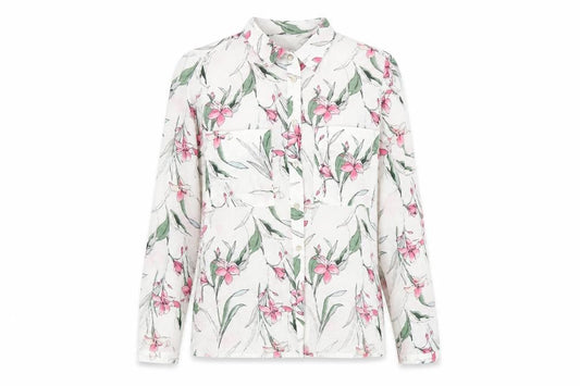 Front view of Classics women’s white floral cotton basic button-up, size UK 12, collared