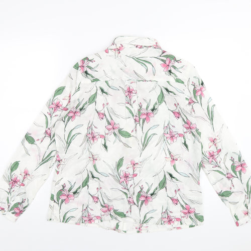 Classic Womens White Floral Cotton Basic Button-Up Size 12 Collared