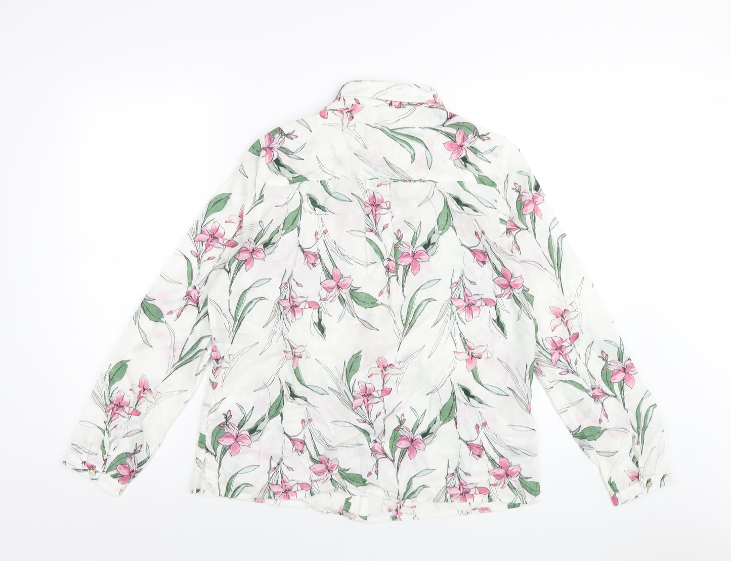 Classic Womens White Floral Cotton Basic Button-Up Size 12 Collared