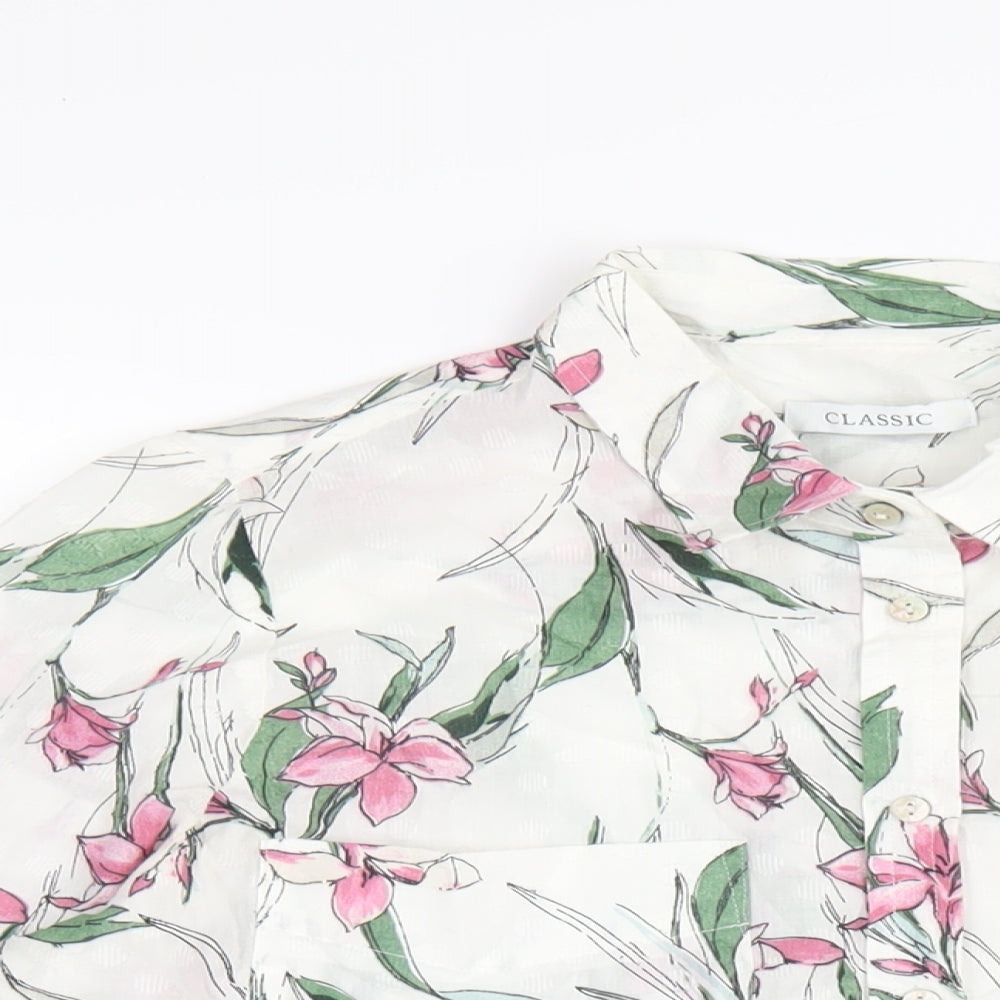 Classic Womens White Floral Cotton Basic Button-Up Size 12 Collared