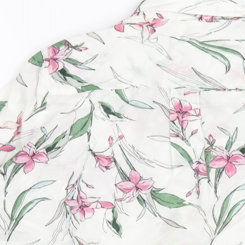 Classic Womens White Floral Cotton Basic Button-Up Size 12 Collared