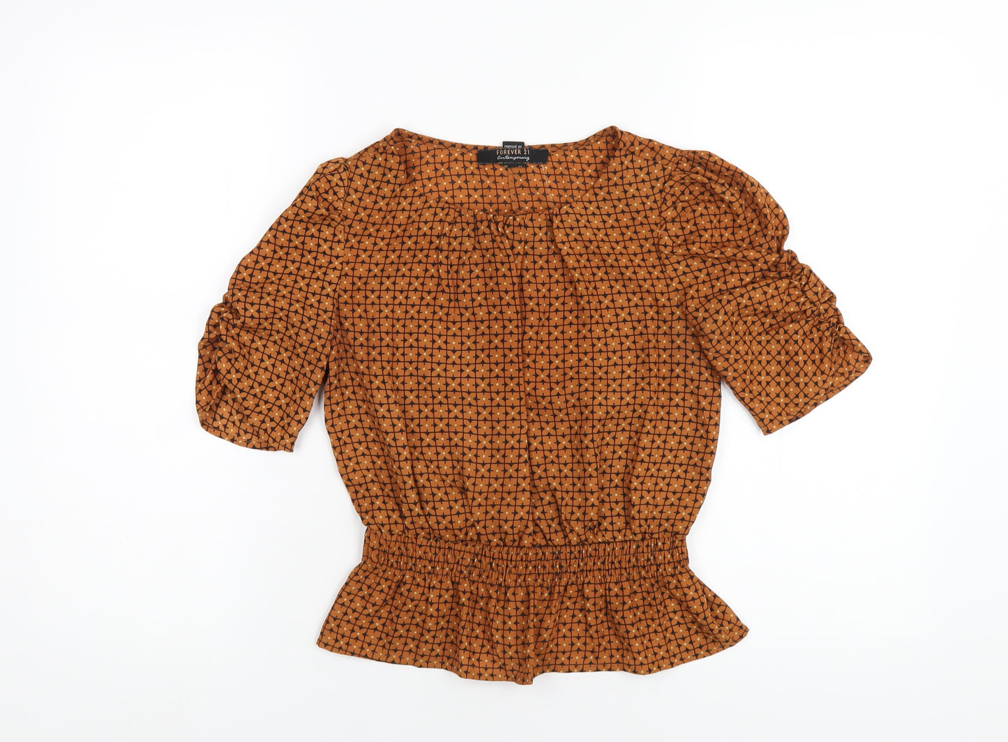 FOREVER 21 Womens Brown Geometric Polyester Basic T-Shirt Size XS Round Neck