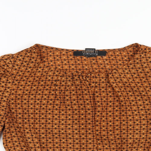 FOREVER 21 Womens Brown Geometric Polyester Basic T-Shirt Size XS Round Neck