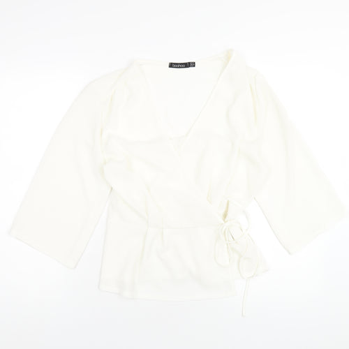 Boohoo Womens White Polyester Wrap Blouse Size 14 V-Neck