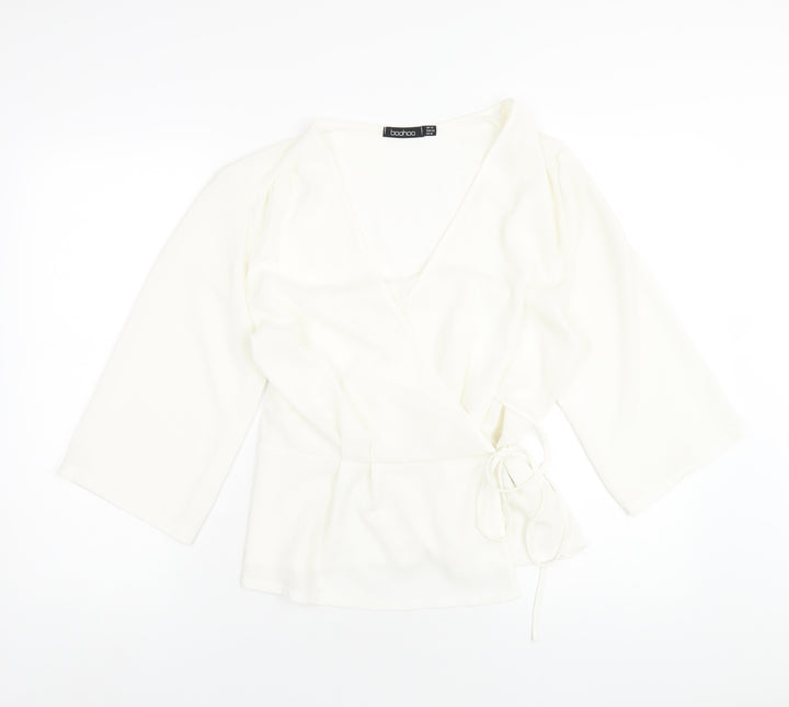 Boohoo Womens White Polyester Wrap Blouse Size 14 V-Neck