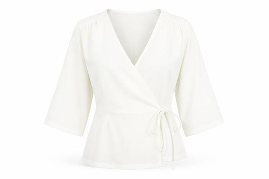Front view of Boohoo women’s white polyester wrap blouse, size UK 14, v-neck