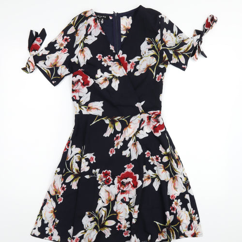 PARISIAN SIGNATURE Womens Blue Floral Polyester A-Line Size 8 V-Neck Zip
