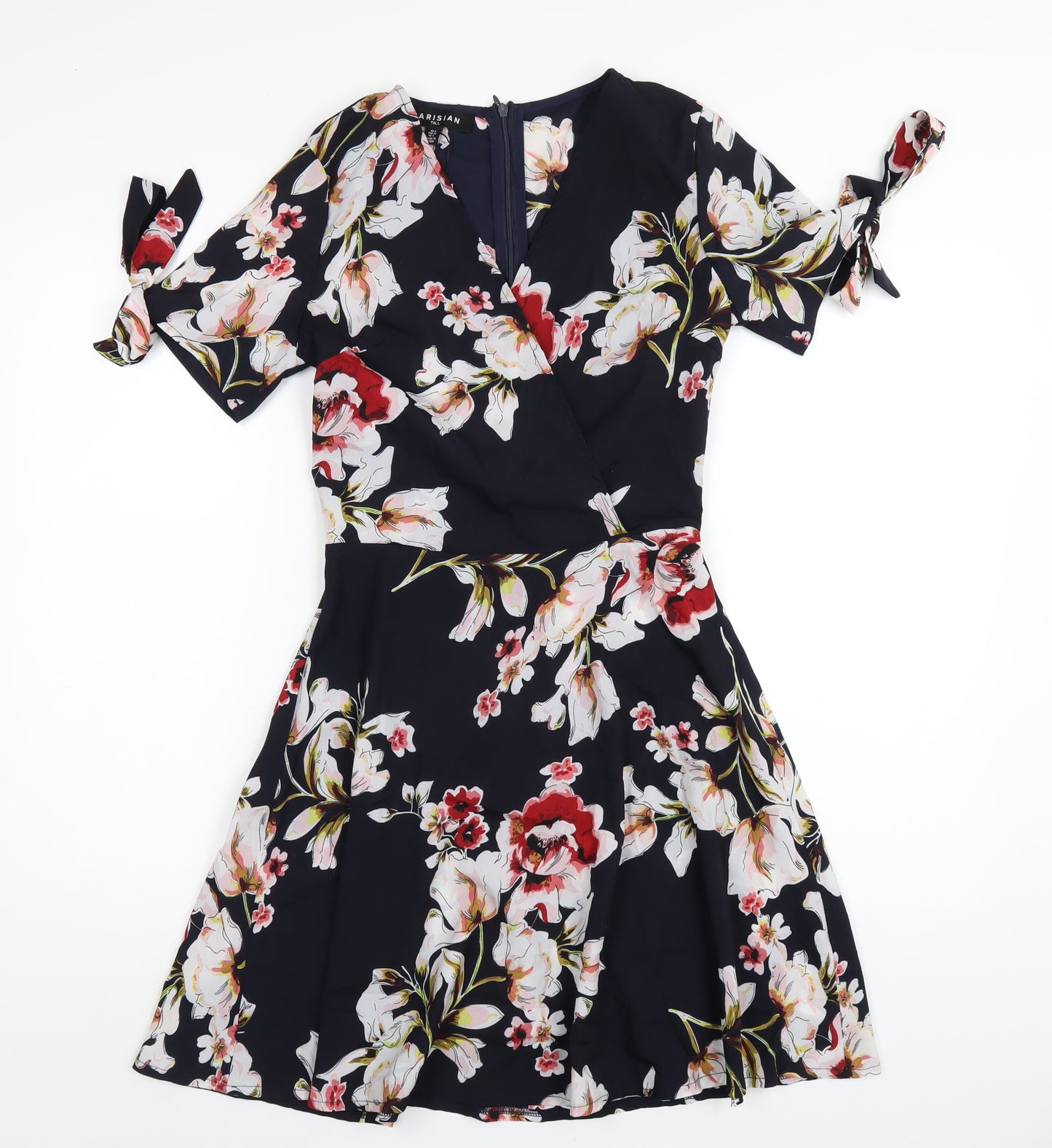 PARISIAN SIGNATURE Womens Blue Floral Polyester A-Line Size 8 V-Neck Zip