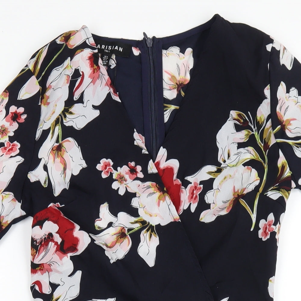 PARISIAN SIGNATURE Womens Blue Floral Polyester A-Line Size 8 V-Neck Zip