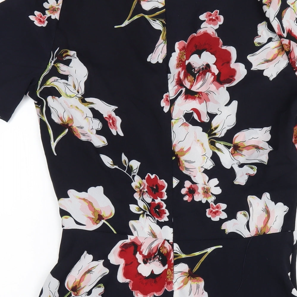 PARISIAN SIGNATURE Womens Blue Floral Polyester A-Line Size 8 V-Neck Zip