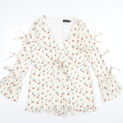 PRETTYLITTLETHING Womens Ivory Floral Polyester Playsuit One-Piece Size 4 Zip