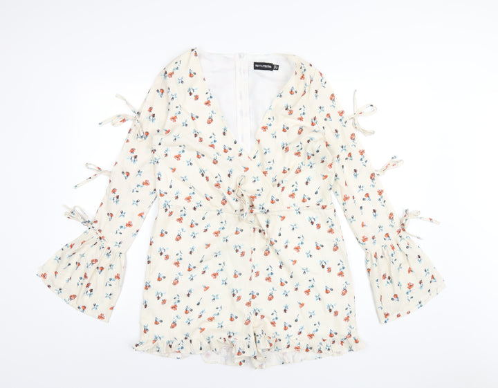 PRETTYLITTLETHING Womens Ivory Floral Polyester Playsuit One-Piece Size 4 Zip