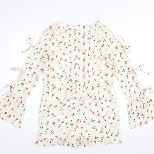 PRETTYLITTLETHING Womens Ivory Floral Polyester Playsuit One-Piece Size 4 Zip