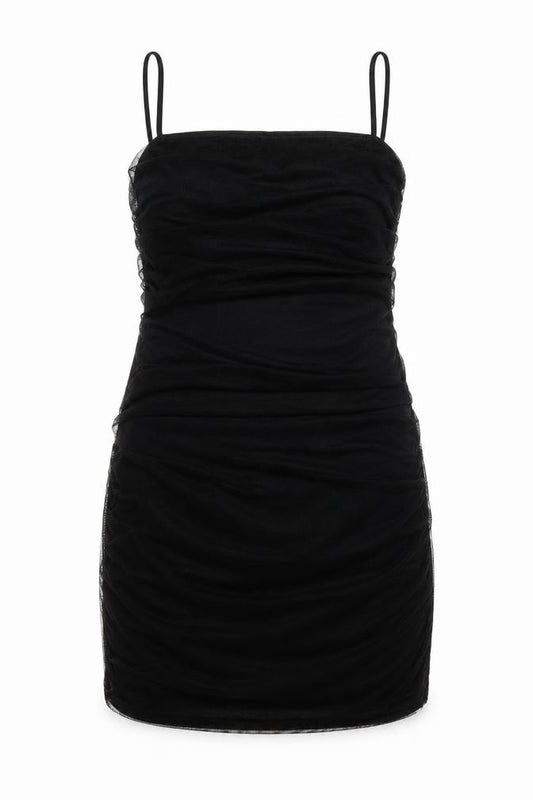 Front view of PRETTYLITTLETHING women’s black polyester bodycon, size UK 14, square neck pullover