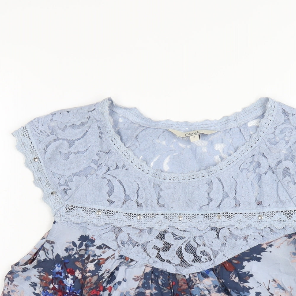 NEXT Womens Blue Geometric Modal Basic Blouse Size 8 Round Neck