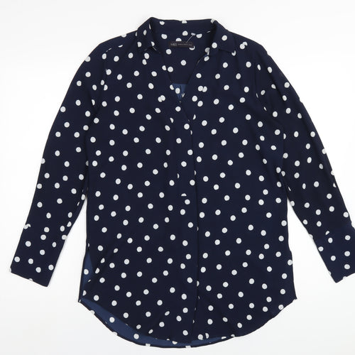 Marks and Spencer Womens Blue Polka Dot Polyester Basic Blouse Size 8 Collared