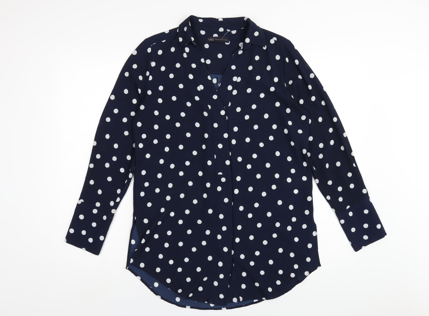 Marks and Spencer Womens Blue Polka Dot Polyester Basic Blouse Size 8 Collared