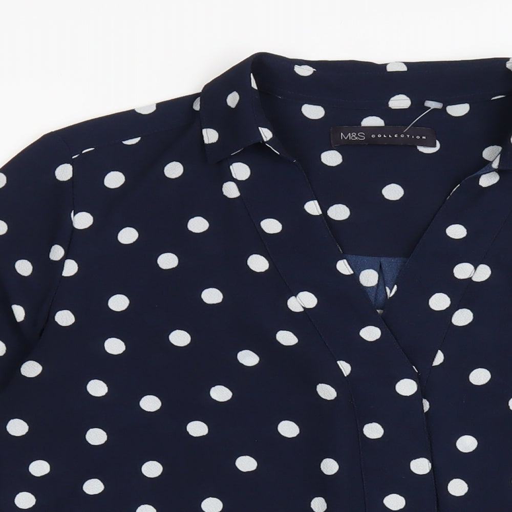 Marks and Spencer Womens Blue Polka Dot Polyester Basic Blouse Size 8 Collared