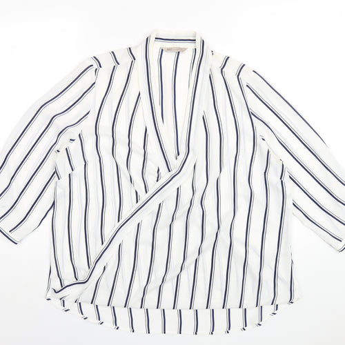 Marks and Spencer Womens White Striped Polyester Basic Blouse Size 14 V-Neck
