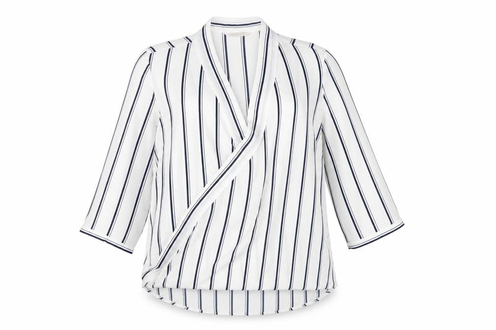 Front view of Marks & Spencer women’s white striped polyester basic blouse, size UK 14, v-neck