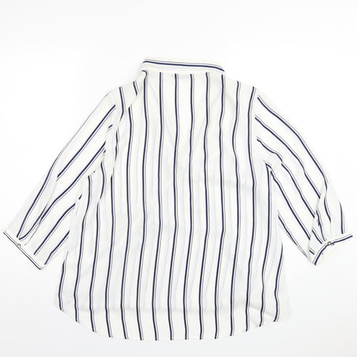 Marks and Spencer Womens White Striped Polyester Basic Blouse Size 14 V-Neck