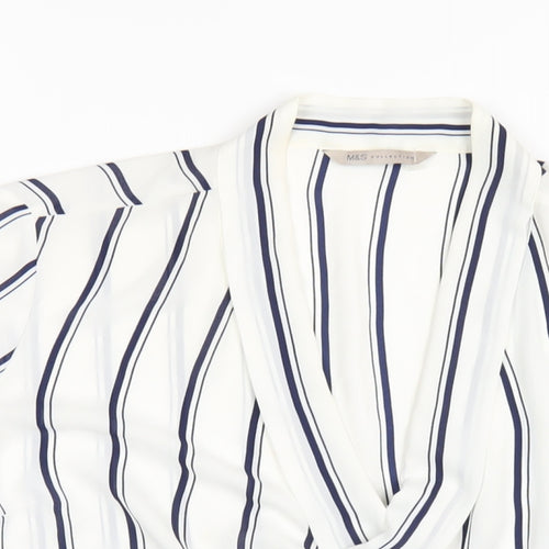 Marks and Spencer Womens White Striped Polyester Basic Blouse Size 14 V-Neck