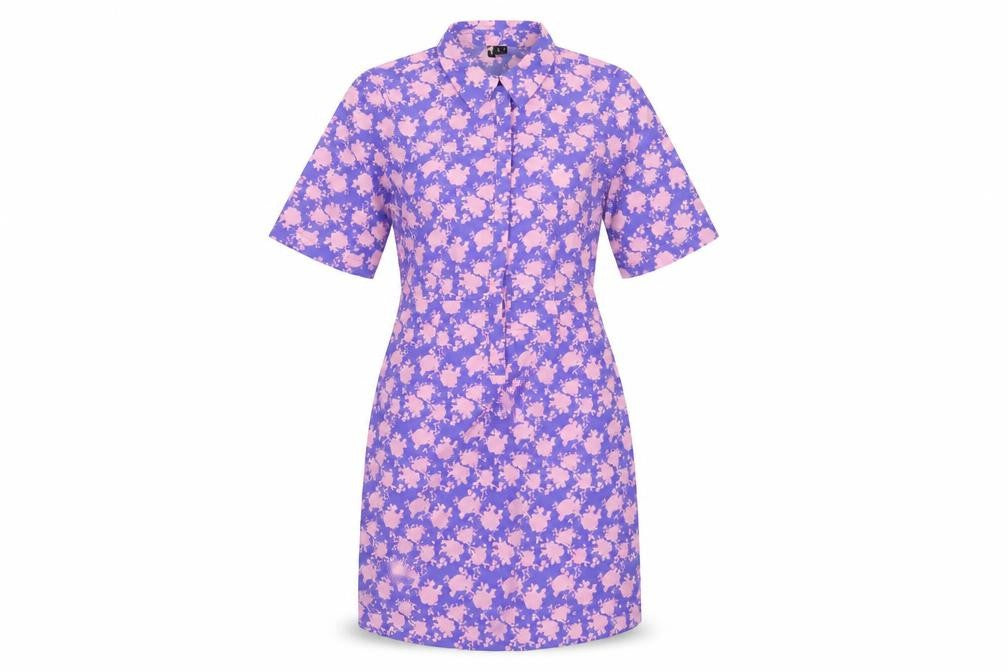 Front view of Vero Moda women’s blue geometric polyester shirt dress, size S, collared button