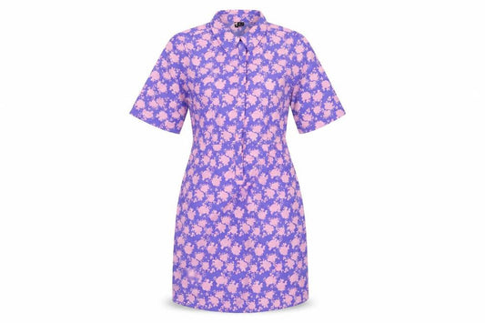 Front view of Vero Moda women’s blue geometric polyester shirt dress, size S, collared button