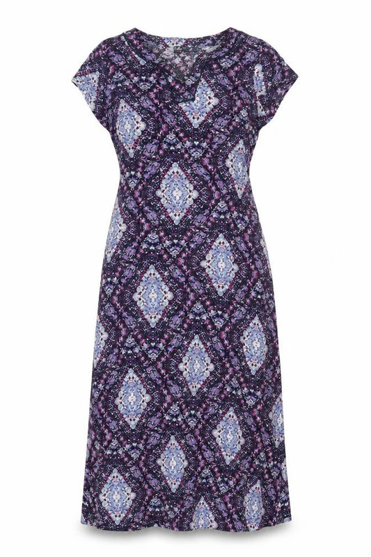 Front view of EWM women’s multicoloured geometric viscose a-line, size UK 12, v-neck pullover