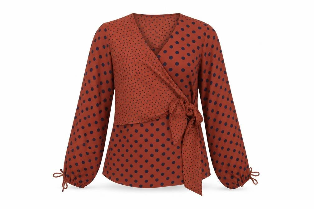 Front view of Warehouse women’s brown polka dot polyester basic blouse, size UK 12, v-neck
