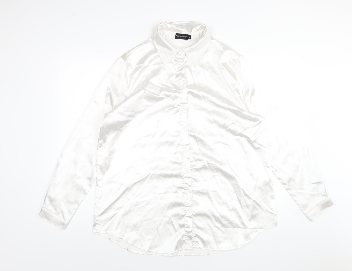 PRETTYLITTLETHING Womens White Polyester Basic Button-Up Size L Collared