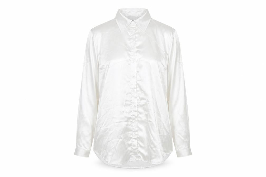 Front view of PRETTYLITTLETHING women’s white polyester basic button-up, size L, collared