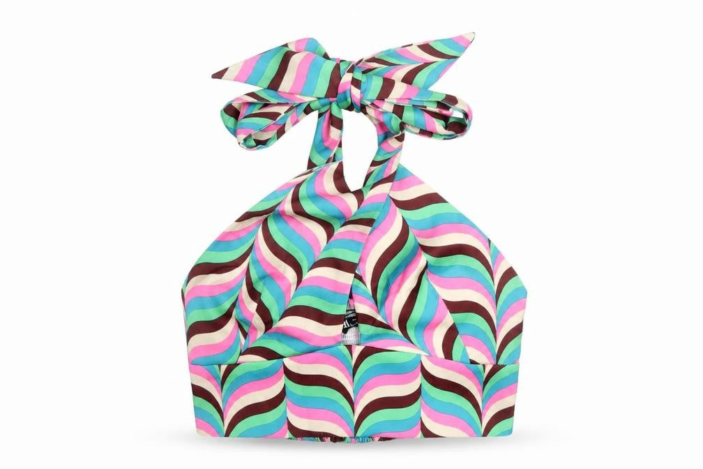 Front view of Zara women’s multicoloured geometric polyester cropped t-shirt, size S, halter