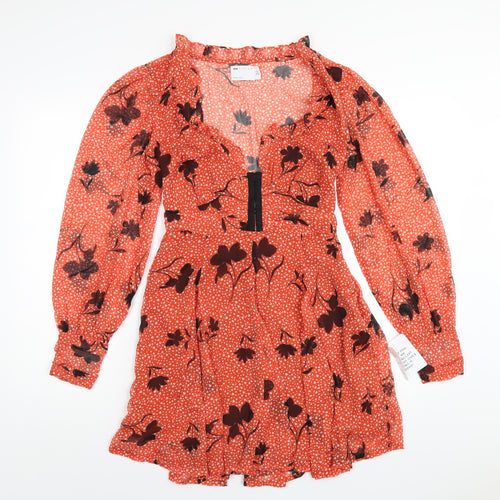 ASOS Womens Orange Geometric Polyester A-Line Size 8 V-Neck Zip