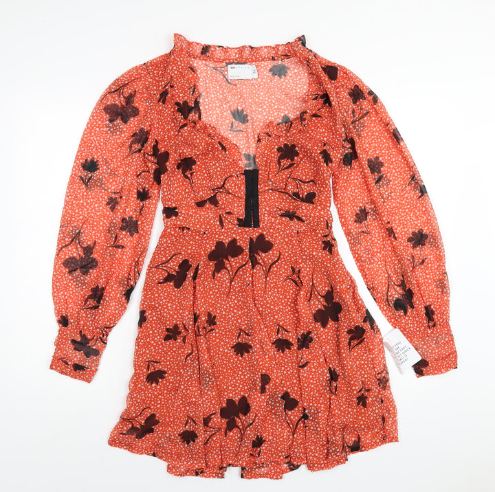 ASOS Womens Orange Geometric Polyester A-Line Size 8 V-Neck Zip