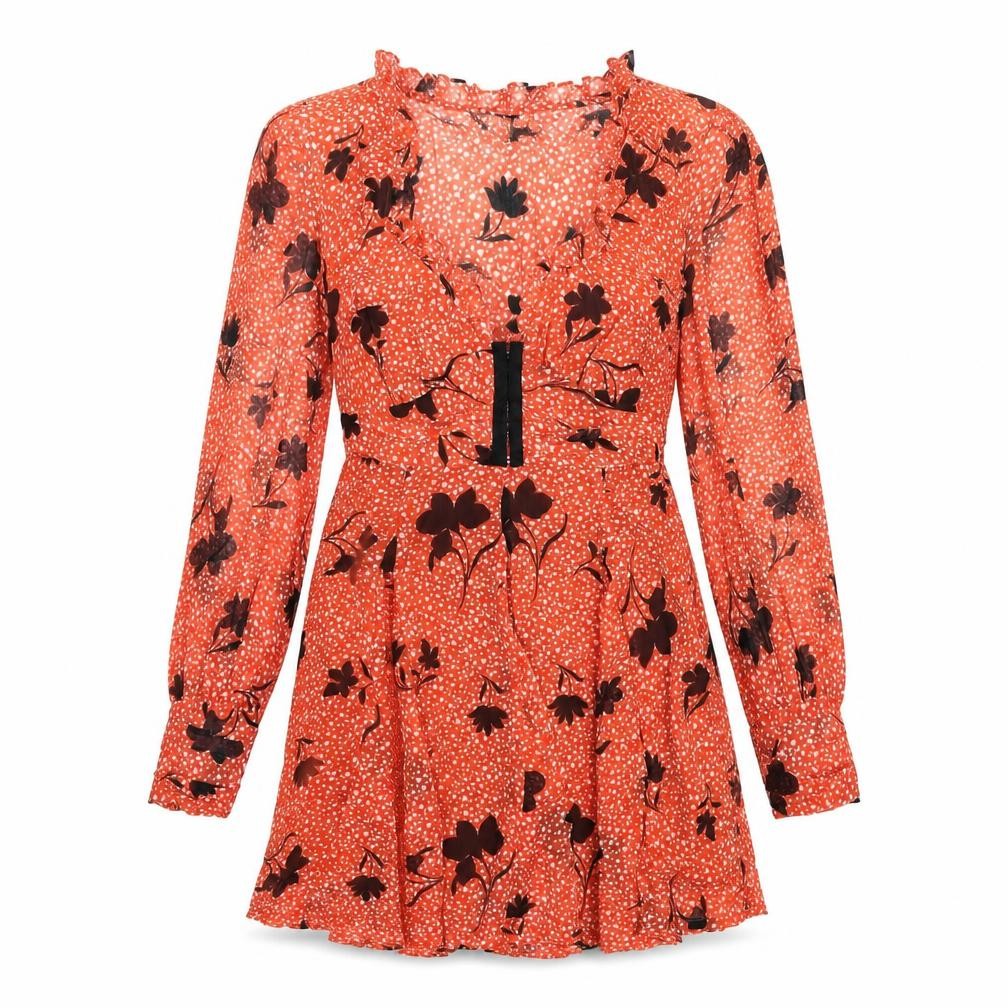 Front view of ASOS women’s orange geometric polyester a-line, size UK 8, v-neck zip