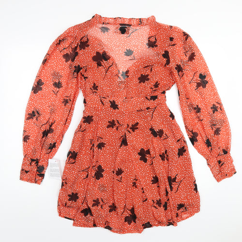 ASOS Womens Orange Geometric Polyester A-Line Size 8 V-Neck Zip