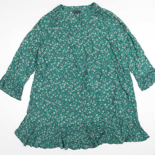 Marks and Spencer Womens Green Floral Viscose A-Line Size 20 Off the Shoulder Button