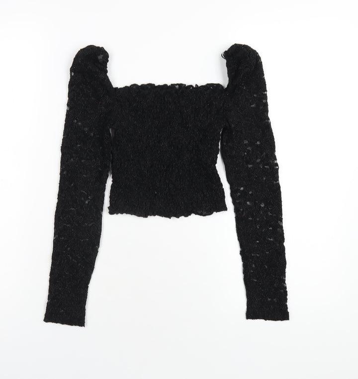 Topshop Womens Black Nylon Cropped T-Shirt Size 6 Square Neck