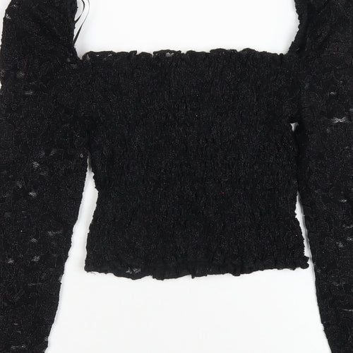 Topshop Womens Black Nylon Cropped T-Shirt Size 6 Square Neck