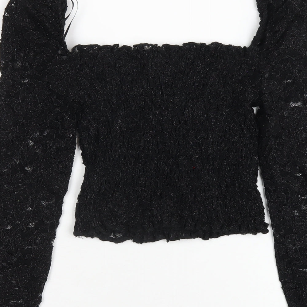 Topshop Womens Black Nylon Cropped T-Shirt Size 6 Square Neck