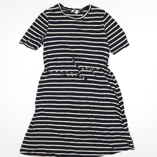 H&M Womens Blue Striped Cotton A-Line Size S Round Neck Pullover