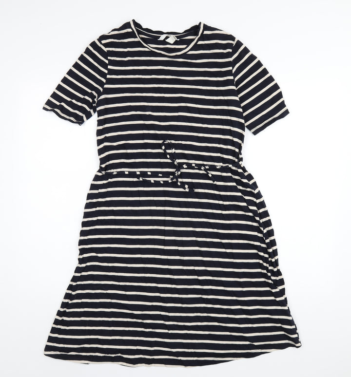 H&M Womens Blue Striped Cotton A-Line Size S Round Neck Pullover