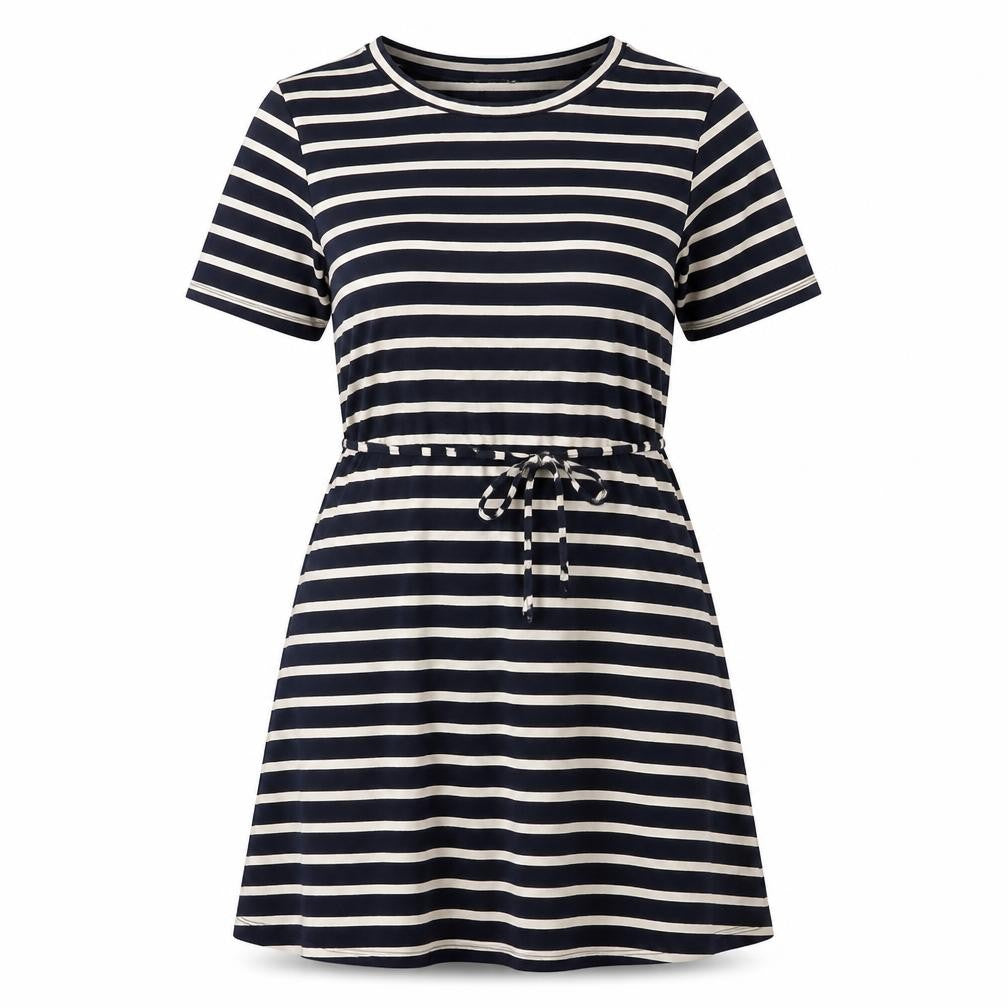 Front view of H&M women’s blue striped cotton a-line, size S, round neck pullover
