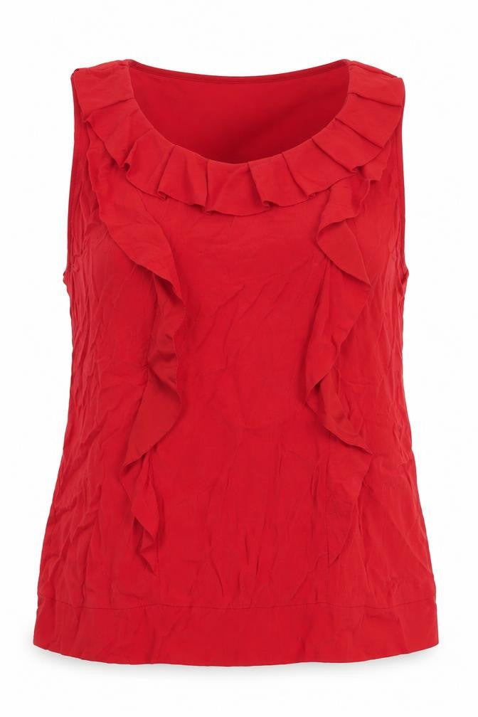 Front view of Monsoon women’s red viscose basic blouse, size UK 14, scoop neck