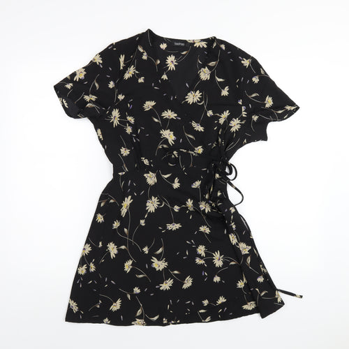Boohoo Womens Black Floral Polyester Wrap Dress Size 12 V-Neck Tie
