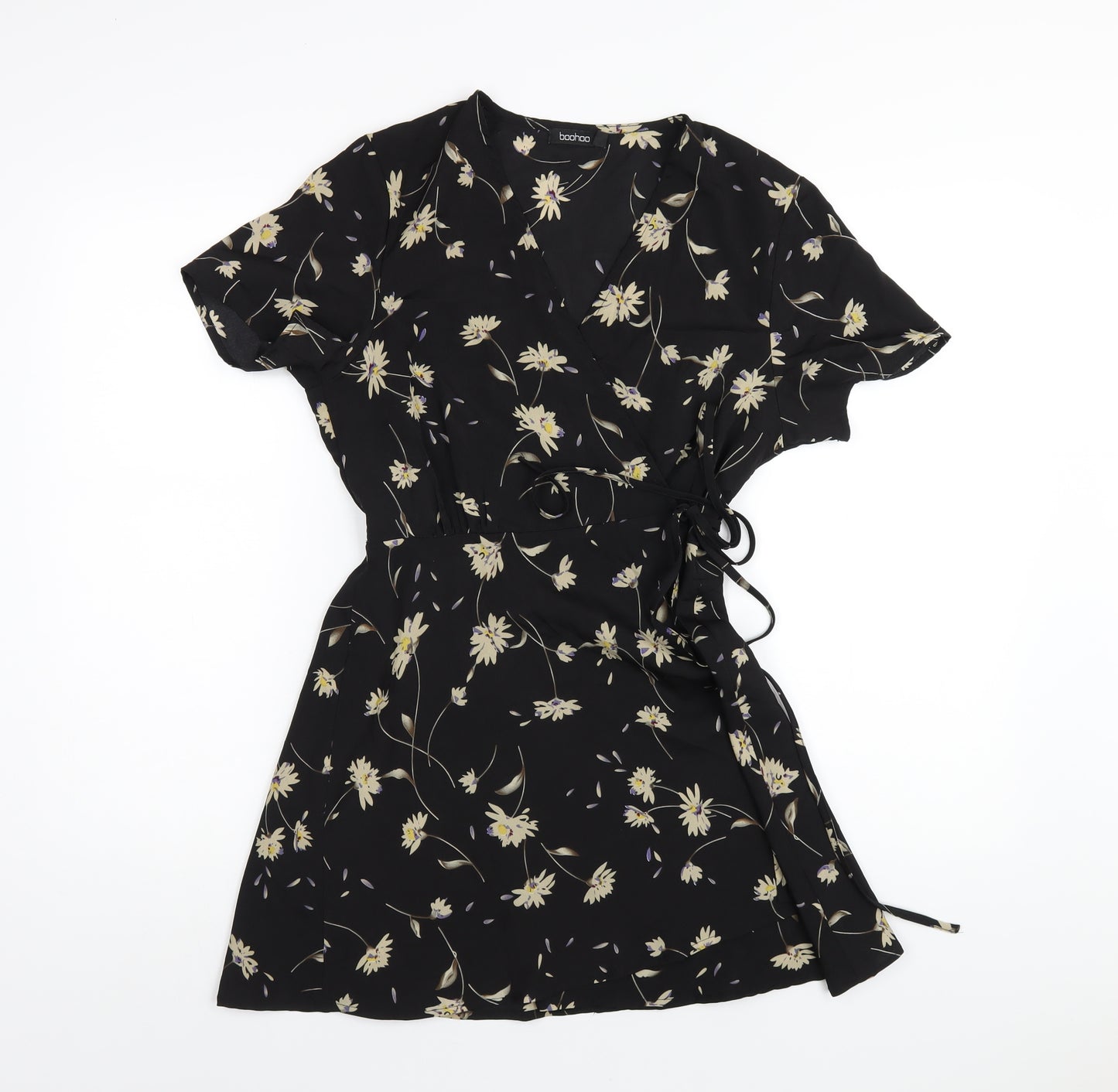 Boohoo Womens Black Floral Polyester Wrap Dress Size 12 V-Neck Tie