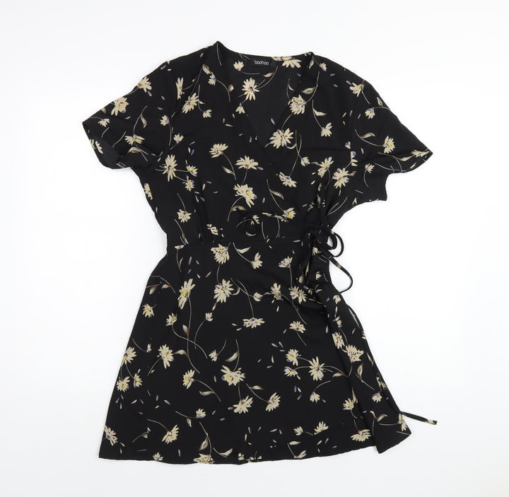 Boohoo Womens Black Floral Polyester Wrap Dress Size 12 V-Neck Tie